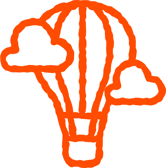 Orange outline drawing of a hot air balloon with clouds.
