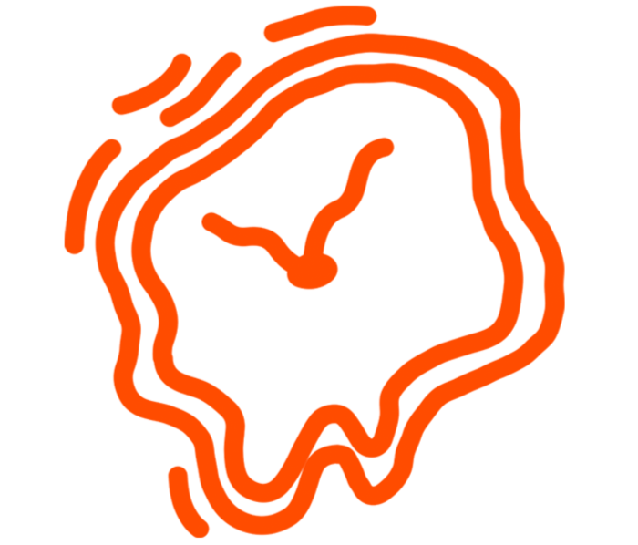Orange hand-drawn melting clock face with abstract irregular border.