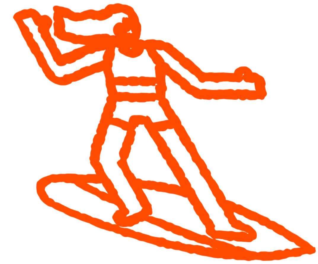 Orange outline drawing of a person surfing on a surfboard, with their arms extended to sides.
