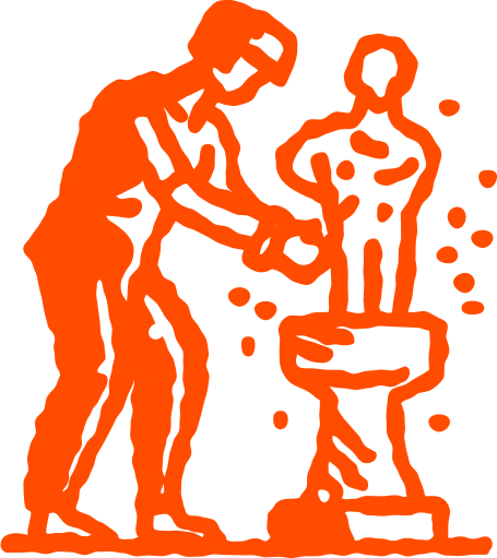 A sketch in orange of the outline of a person chiseling a statue