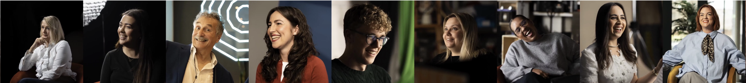 A collage of nine diverse people smiling, talking, or sitting in various settings, including a studio, office, and library.