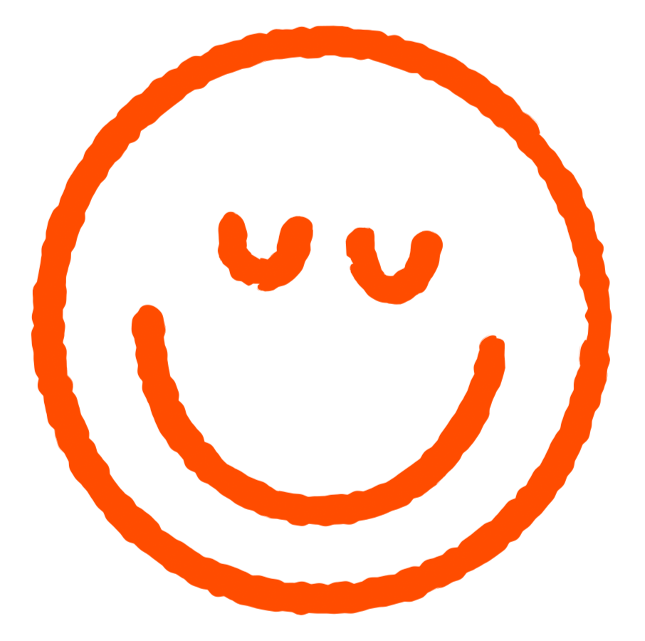 Hand-drawn orange smiley face with a large circle for the face, two small U-shaped eyes, and a curved line for the smiling mouth.