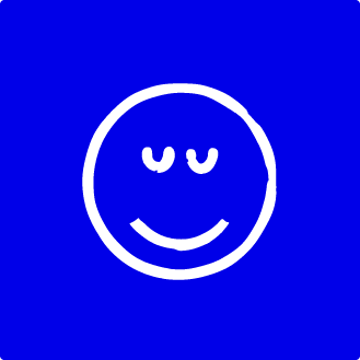 Smiley face icon with closed eyes and a smile on a blue background.