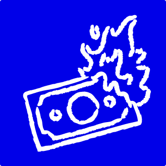 A simple, white line drawing of a burning banknote on a blue background.