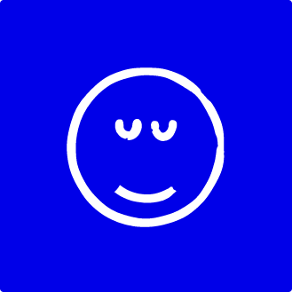 Blue background with a white smiley face, closed eyes, and a slight smile.