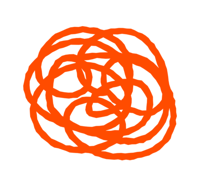 A tangled, chaotic orange line drawing, like a messy ball of string.