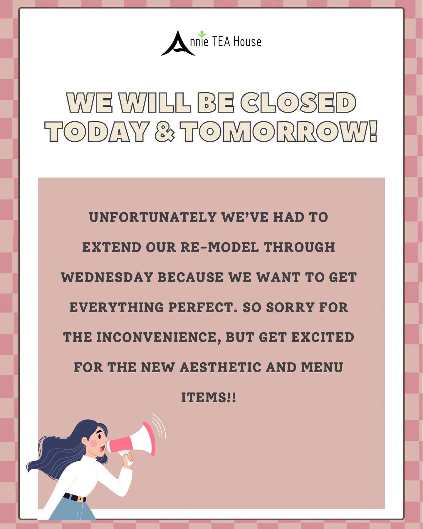 So sorry for the inconvenience but we&rsquo;ll be closed an extra day to make sure everything is just right for you on Thursday, hope to see you then🩷 [swipe for a re-model sneak peek!]