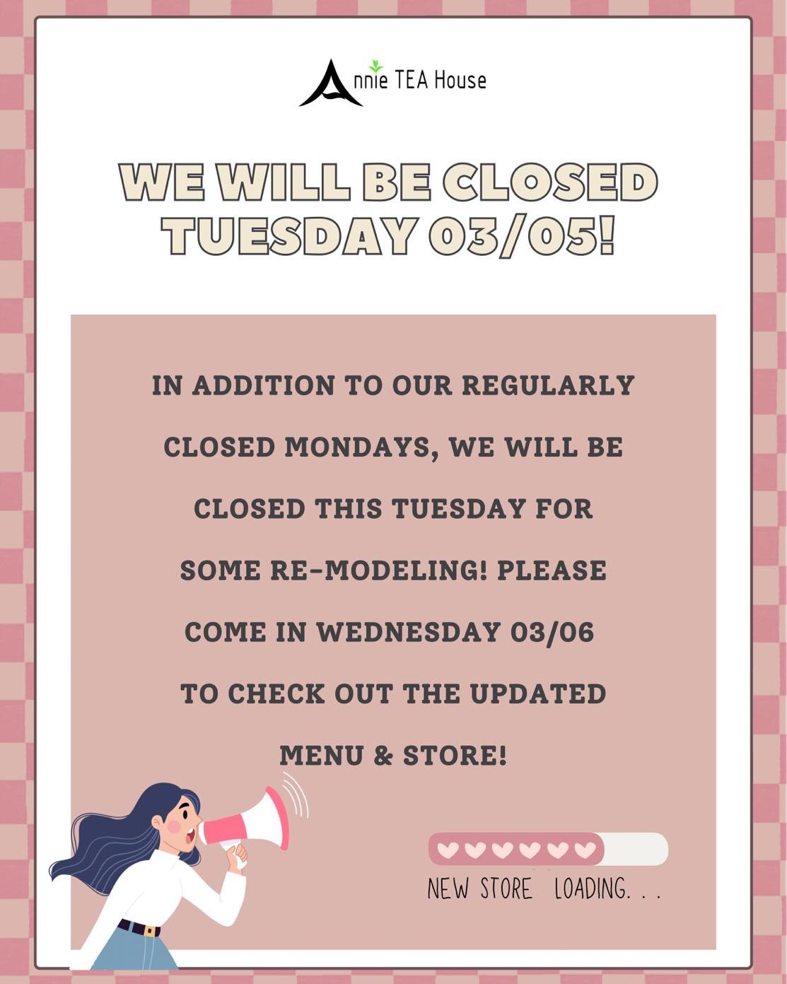 📣 &bull; Unfortunately we will be closed this Tuesday, but please come check out the updated menu &amp; store on Wednesday! 🧋🌼✨