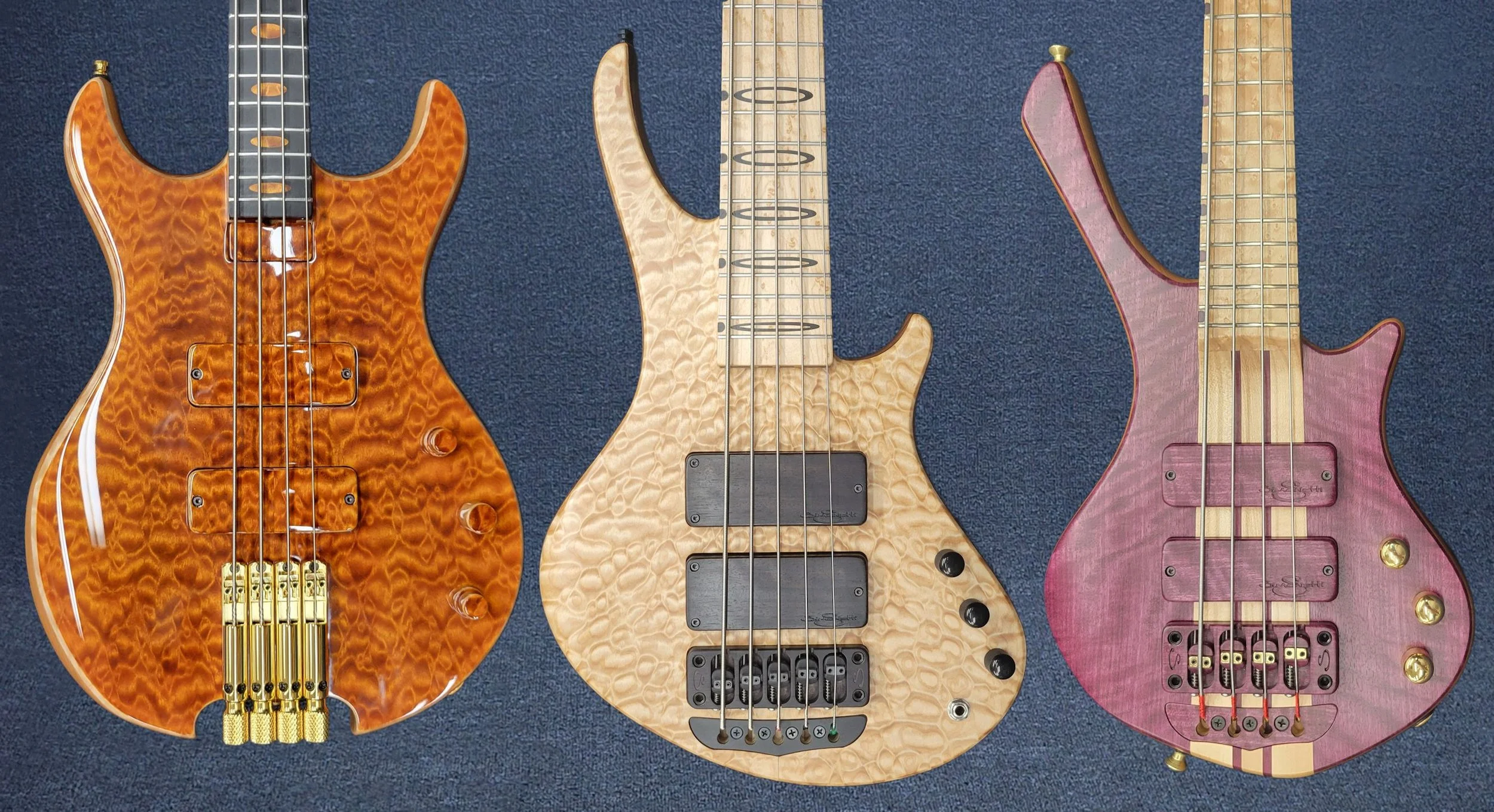 Simonetti custom 4 string amber quilt top, 5string standard plus quilted maple top and exotic custom 30" 4 with Figured Purpleheart top
