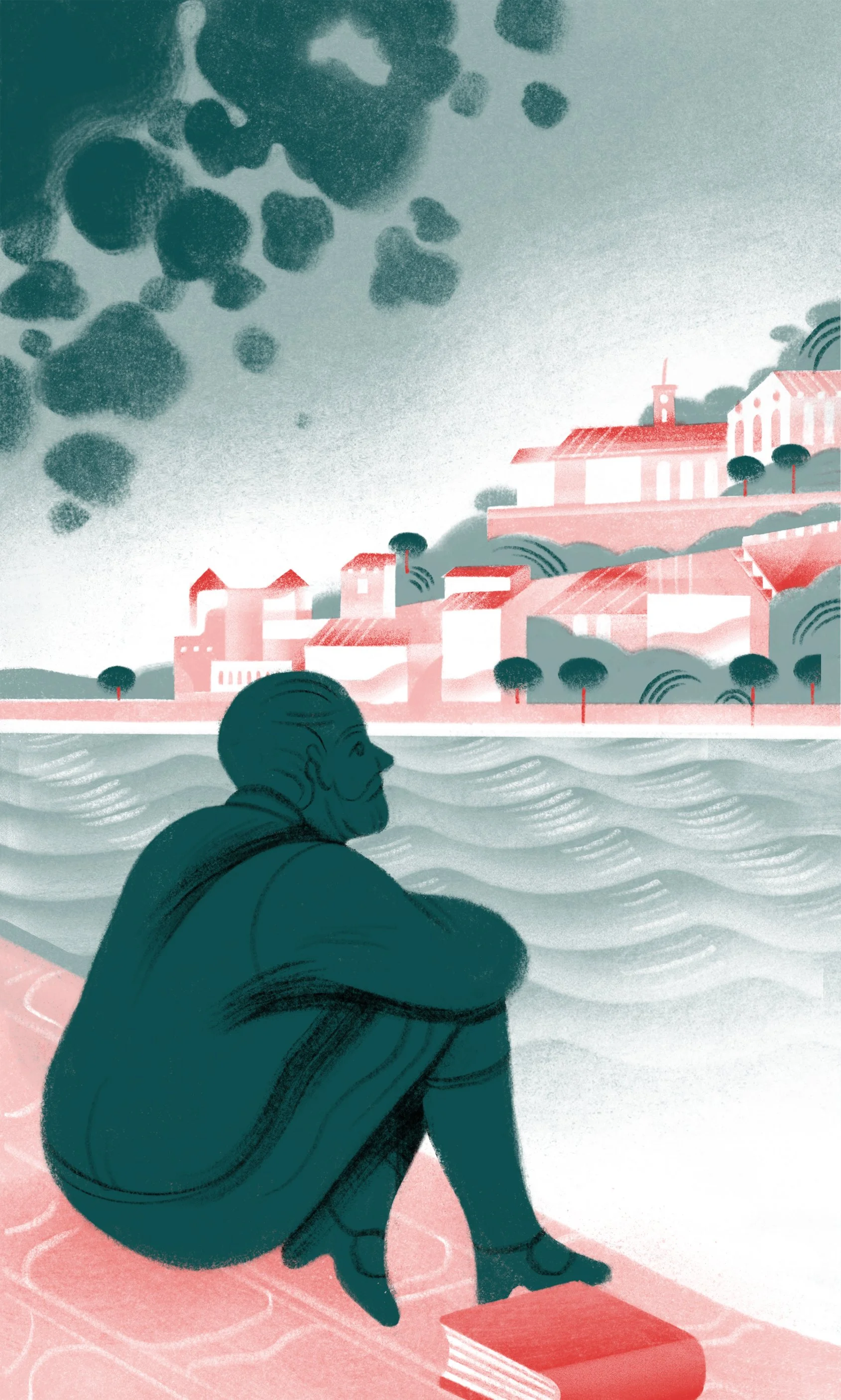 Young Camões sitting by the Mondego river, looking at the city of Coimbra