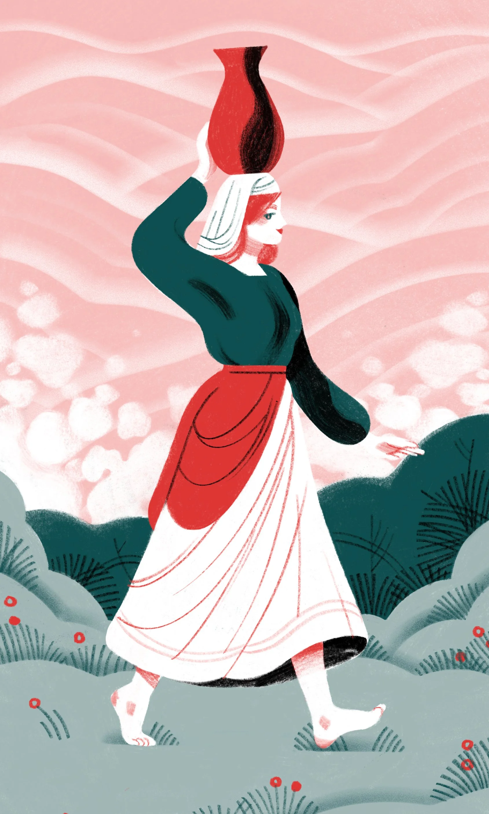 Red haired girl, wearing a long white skirt, a green blouse and a red apron, a white veil, barefoot, carrying a jug of water in her head
