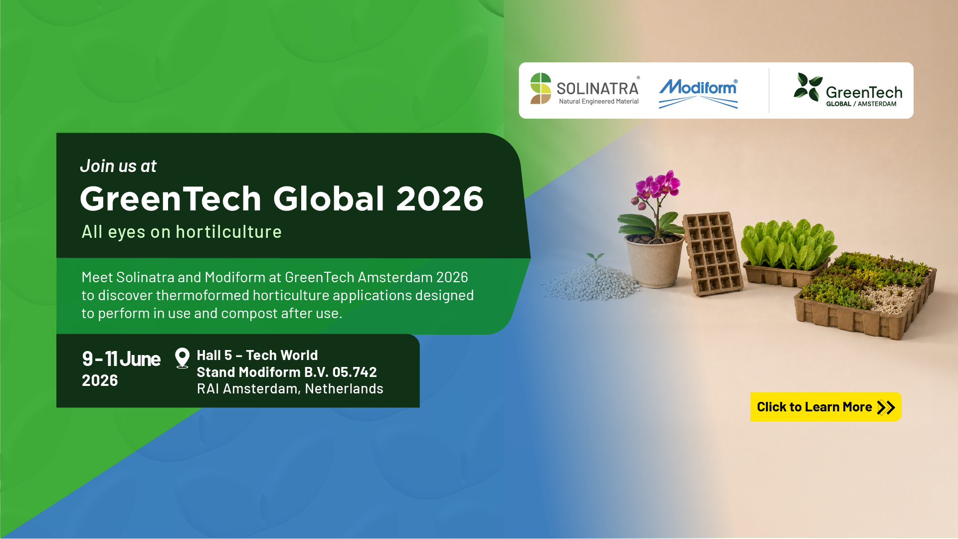 Solinatra at GreenTech Global Amsterdam 2026 collaborating with Modiform