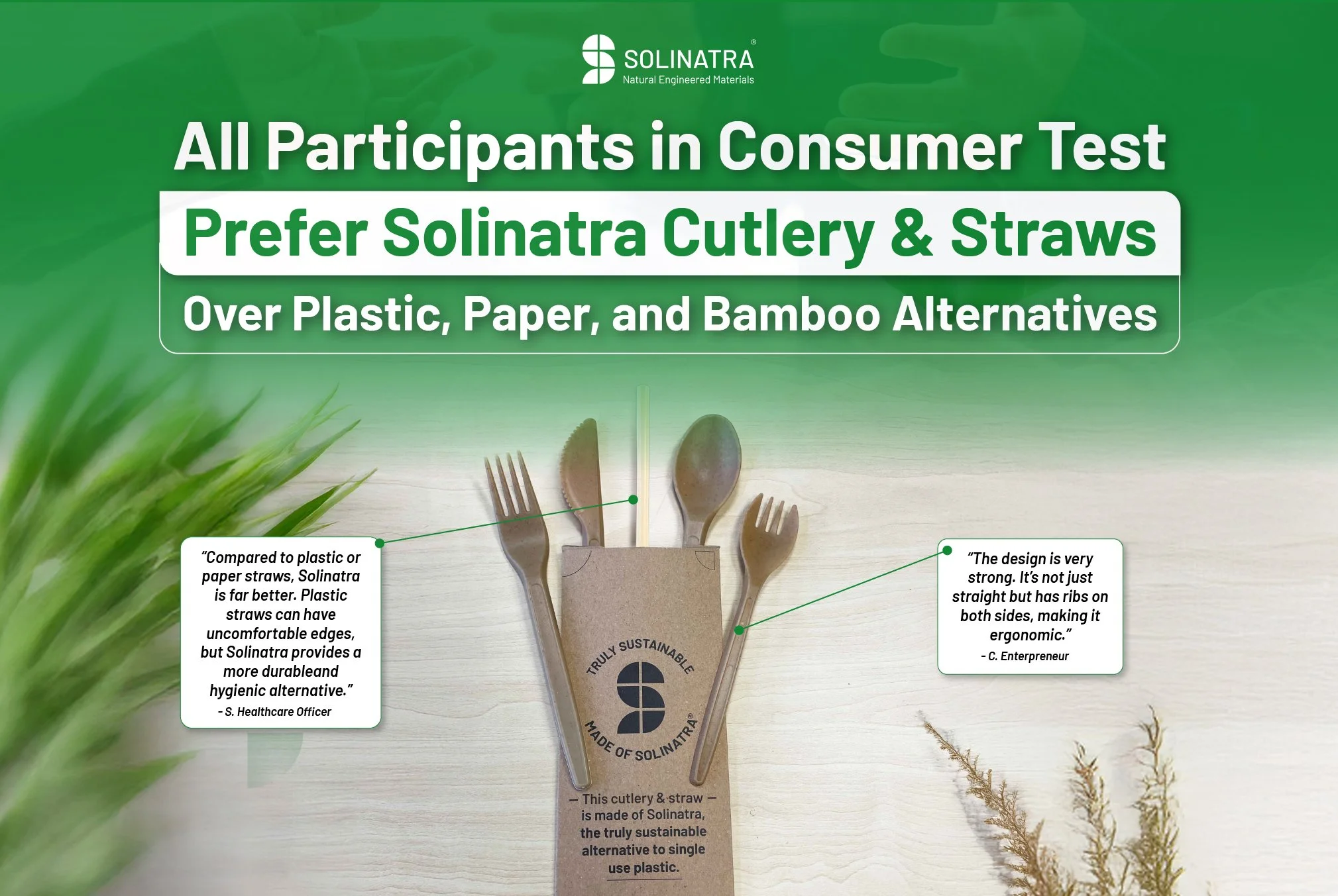 All Participants in Consumer Test Prefer Solinatra Cutlery &amp; Straws Over Plastic, Paper, and Bamboo Alternatives