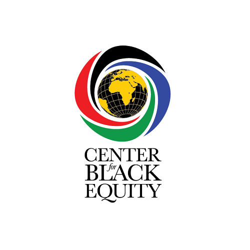 Logo of Center for Black Equity featuring a globe surrounded by red, black, blue, and green curved shapes.