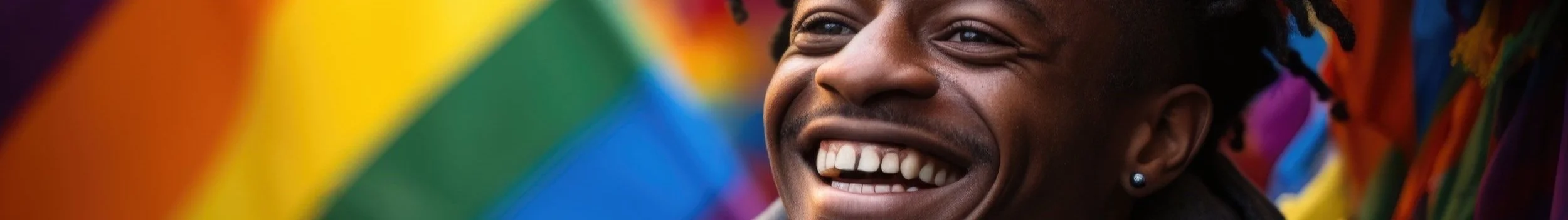 A person smiling joyfully with a colorful rainbow background.