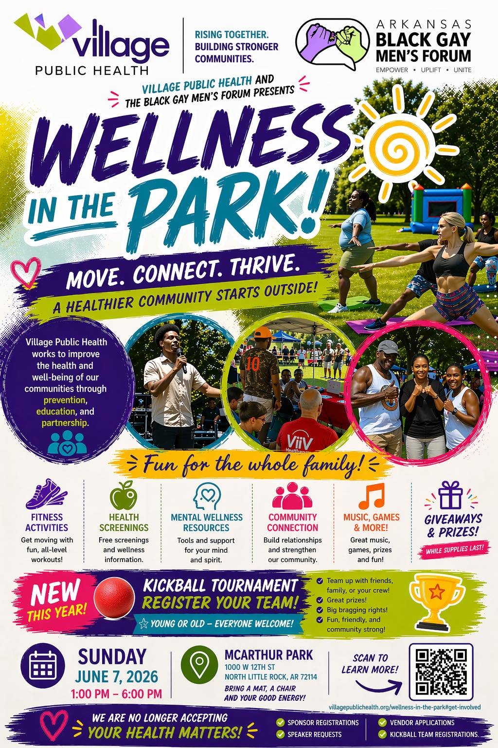 Flyer for 'Pride in the Park' event presented by Little Rock Black Pride. Features a colorful rainbow design and a smiling person with dreadlocks. Event is on Sunday, June 8th, from 1 PM to 6 PM at MacArthur Park, Little Rock, AR. Highlights include music artists, vendors, community vibes, and food.