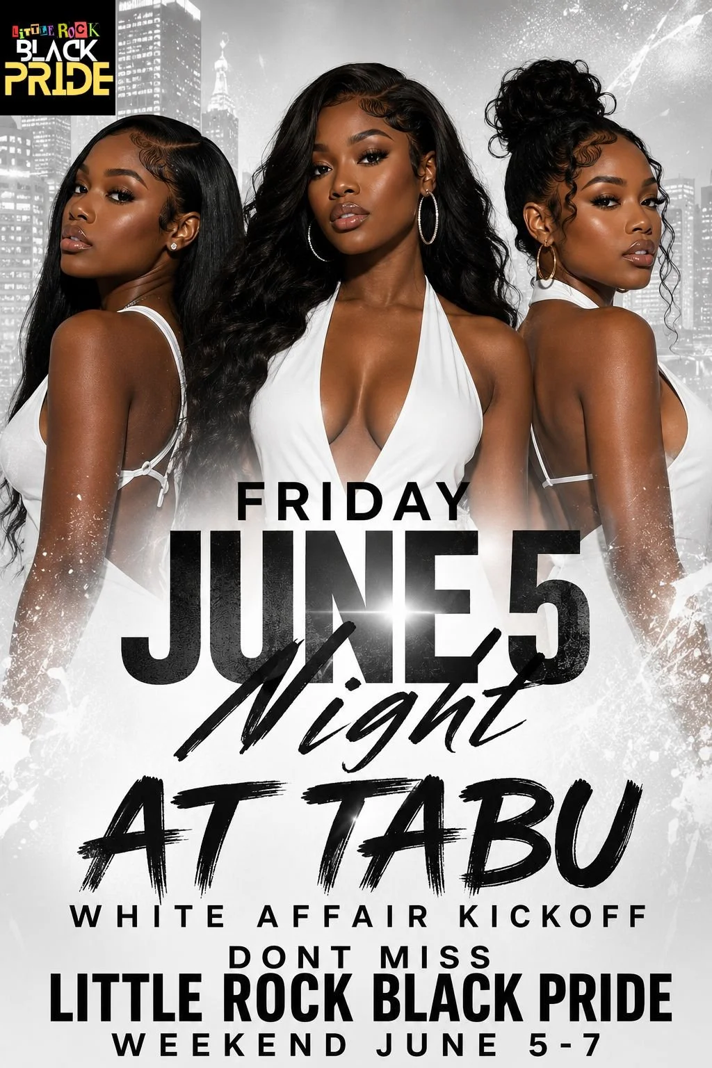 Promotional flyer for "ALL WHITE AFFAIR" event at Tabu Nightclub with emcee Jay Kash, DJ Ace Ent, and performances by Paradìse and Blaze on June 6th. Event is part of Little Rock Black Pride week.