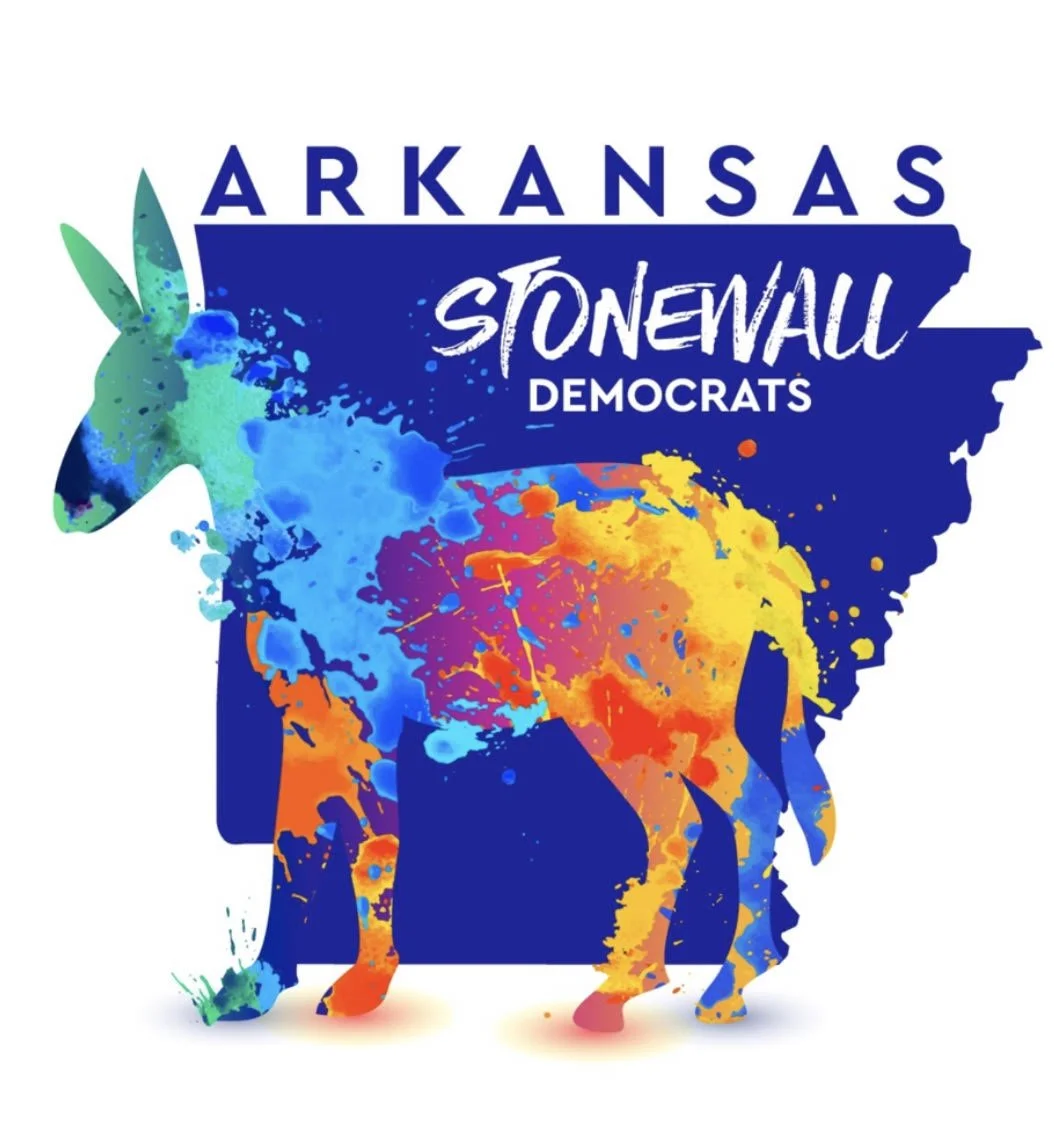 Silhouette of a donkey with colorful paint splashes, overlaid on a blue Arkansas shape, with text "Arkansas Stonewall Democrats."