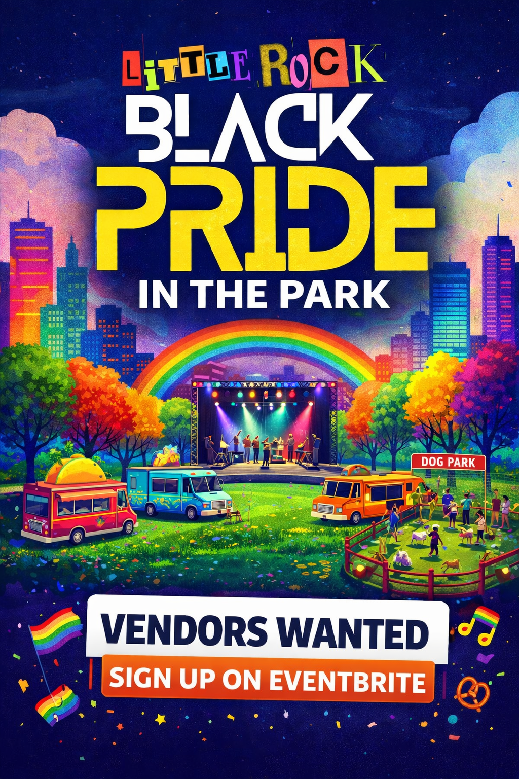 Advertisement for vendor registration for Little Rock Black Pride event on June 8, 2025, featuring two people with rainbow flags and registration details at lrblackpride.org.
