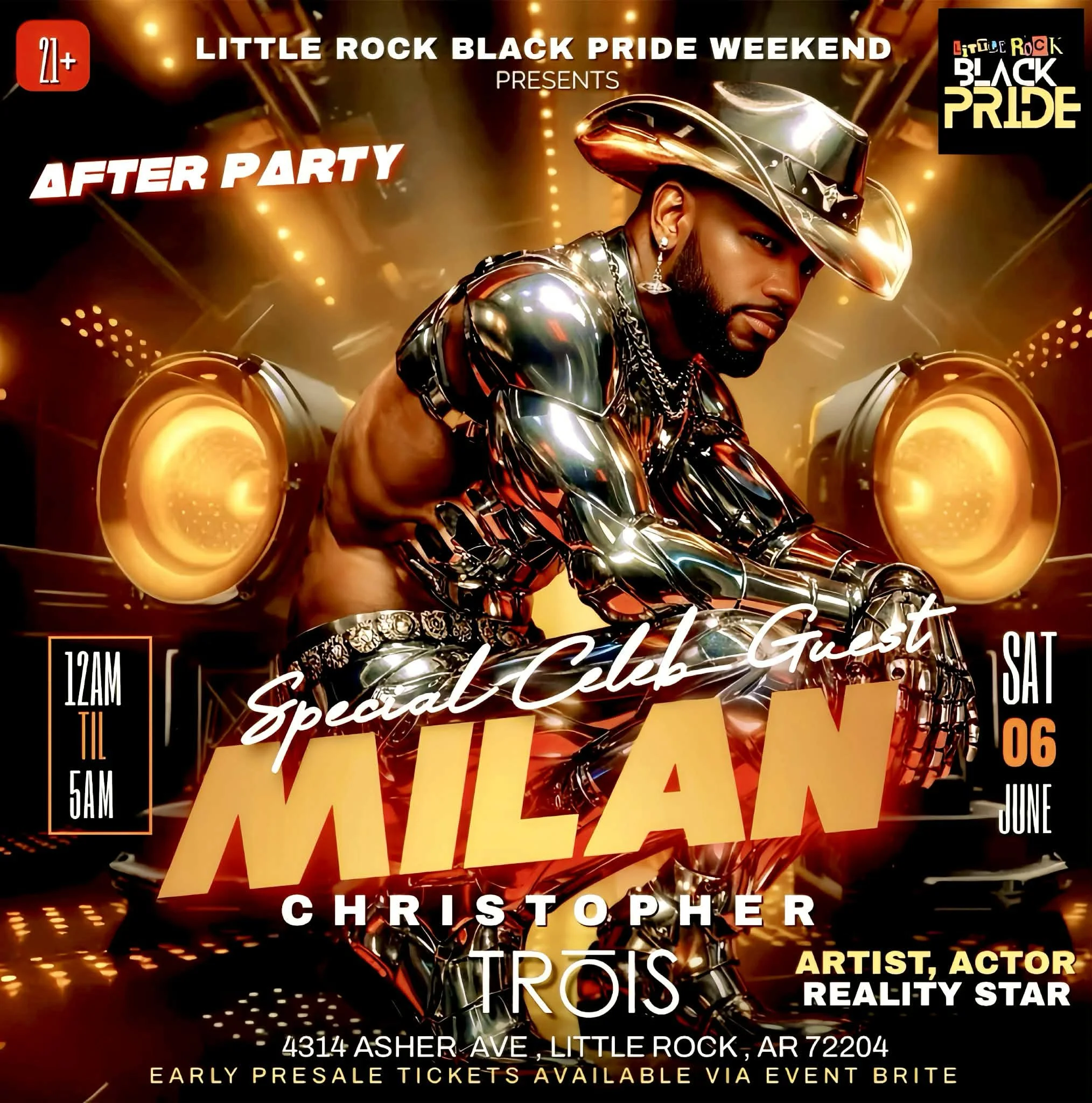 Little Rock Black Pride Weekend event poster featuring a man with tattoos, a rainbow motif, and text about "The Homecoming" mega party on Saturday, June 7th, 2025.
