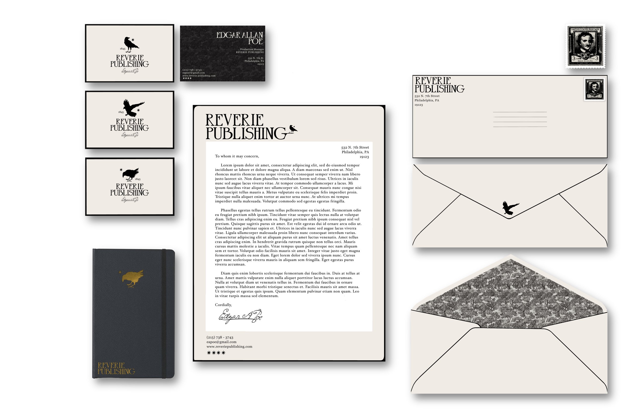Famous Figure Business Suite - After being assigned a historical figure, create a business that relates to them and design a corresponding business suite. I was assigned Edgar Allan Poe and created a publishing company.