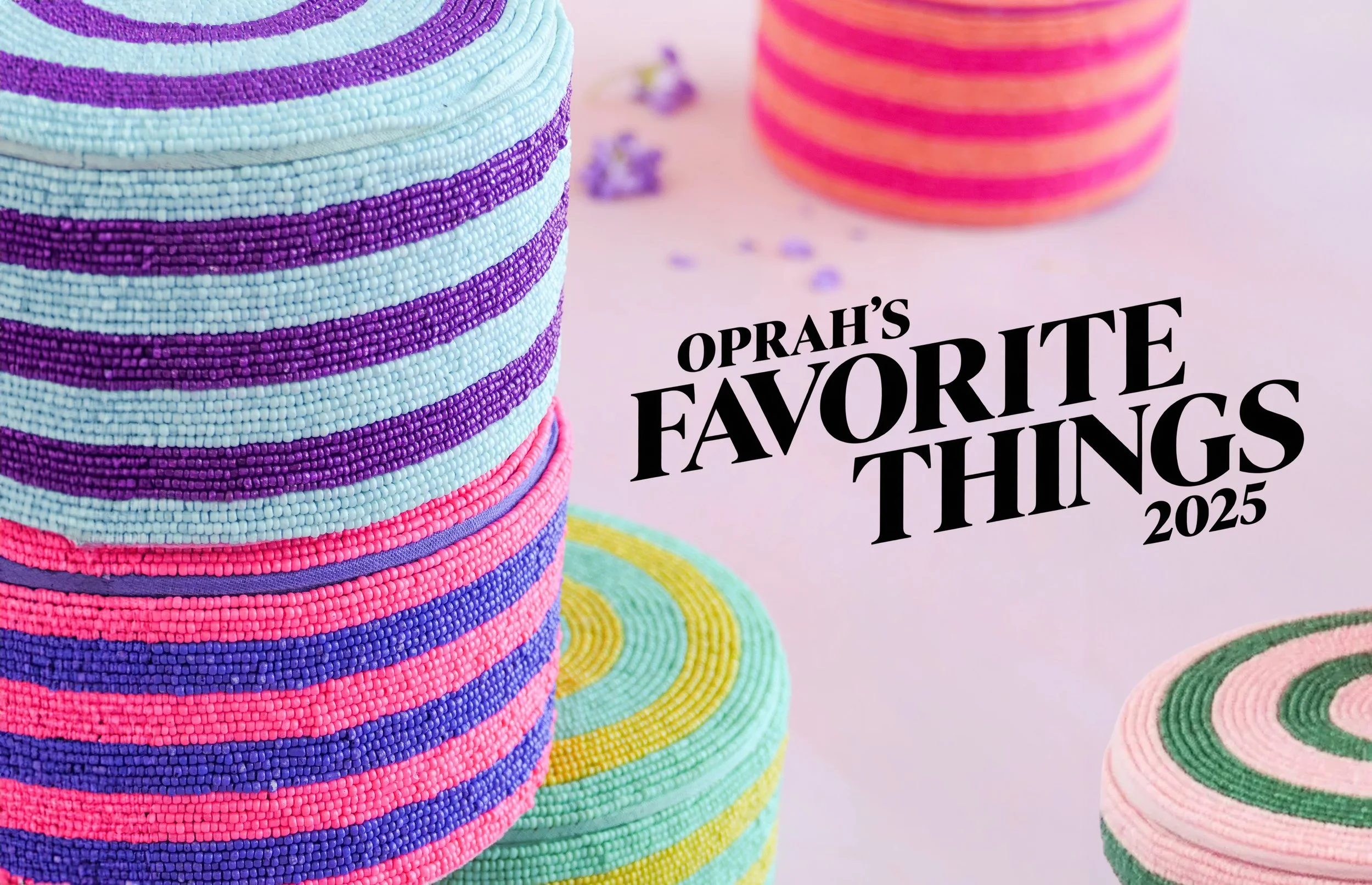 Colorful striped woven baskets on a pink background with the text “Oprah’s Favorite Things 2025.”