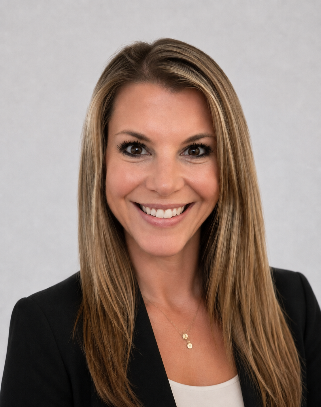 Professional headshot of a smiling woman with long light brown hair, wearing a black blazer over a white top against a light gray background.