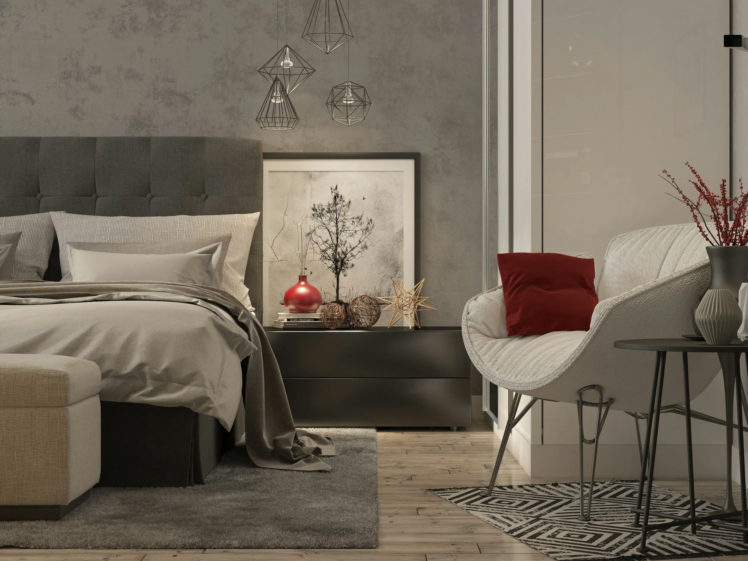 master bedroom, masculine, grey, dark