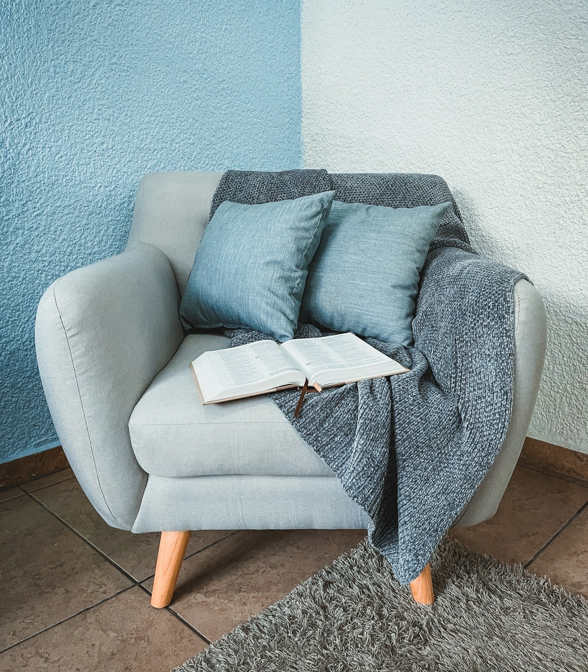 armchair, light blue, playroom, reading, nook