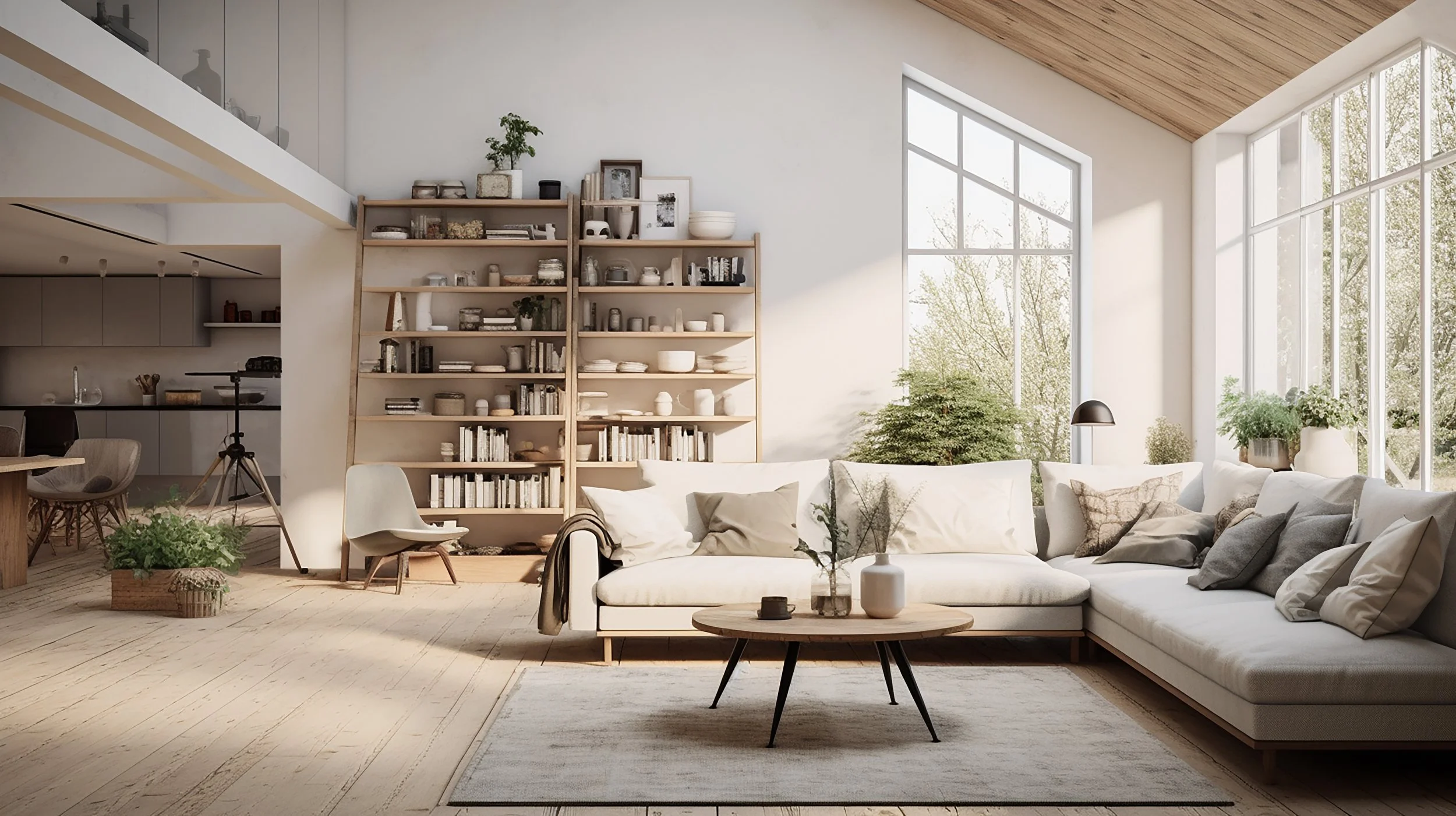 japandi living room, warm and neutral