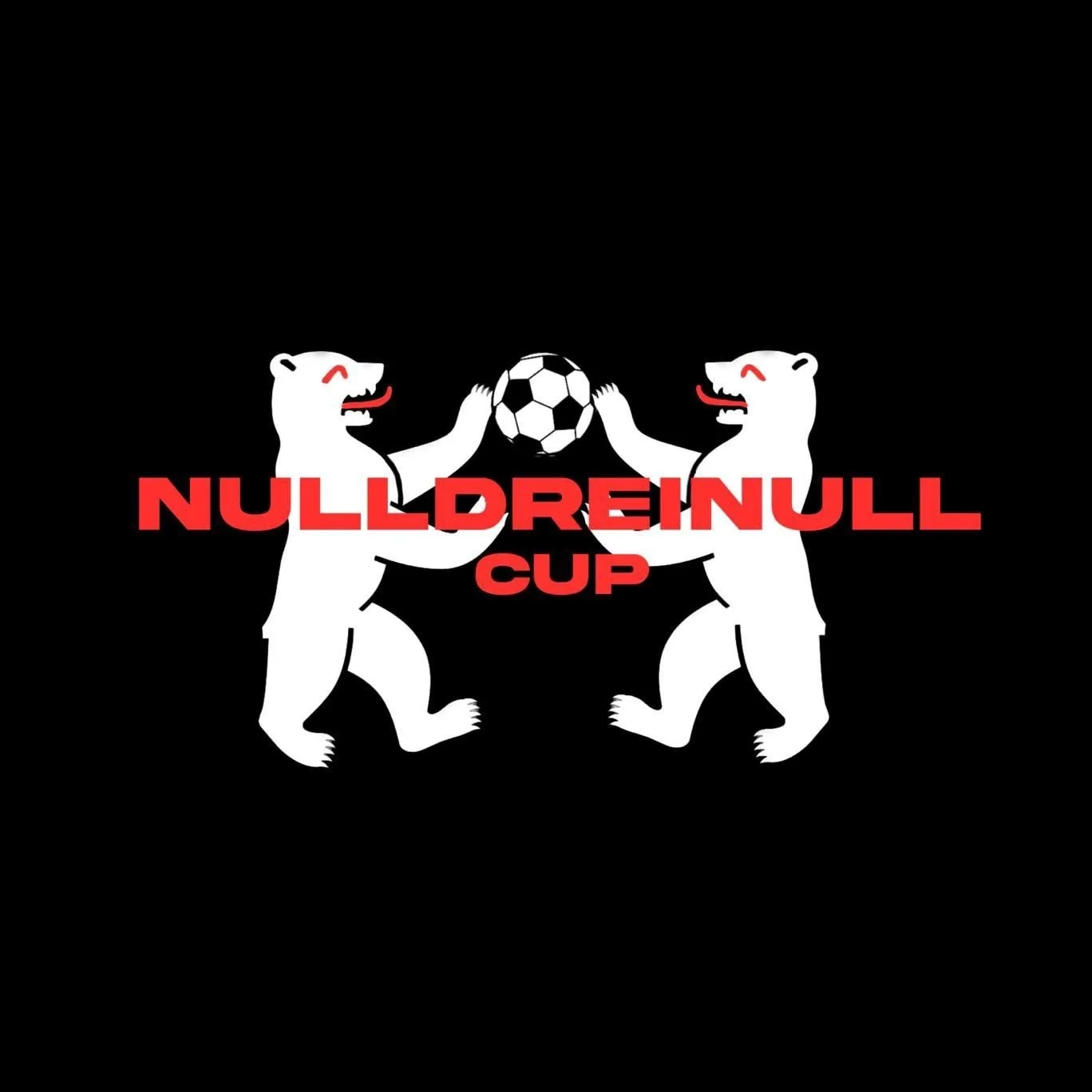 Zwei weiße Bären, die einen Fußball halten, mit dem Text "NULLDREINULL CUP" in Rot auf schwarzem Hintergrund.
