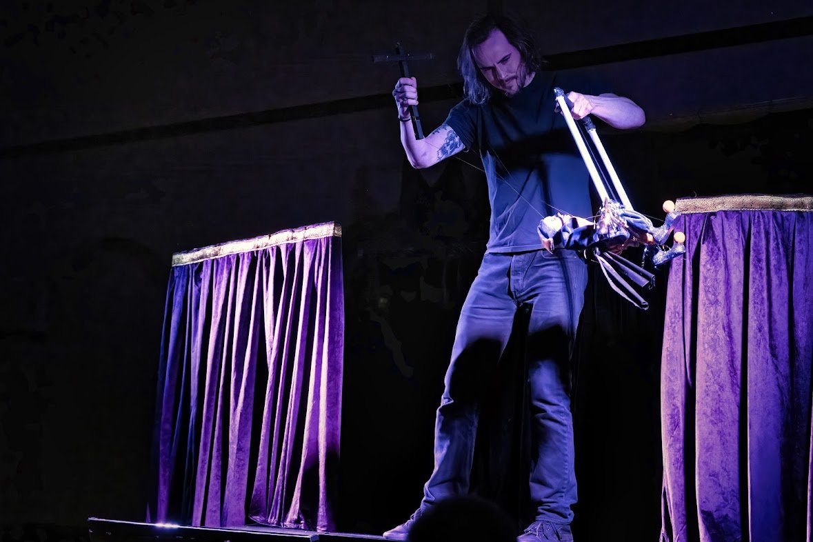 Performing at the Puppet Potlatch Festival in Angola, IN 2025 
Photo by Guy Tompson 