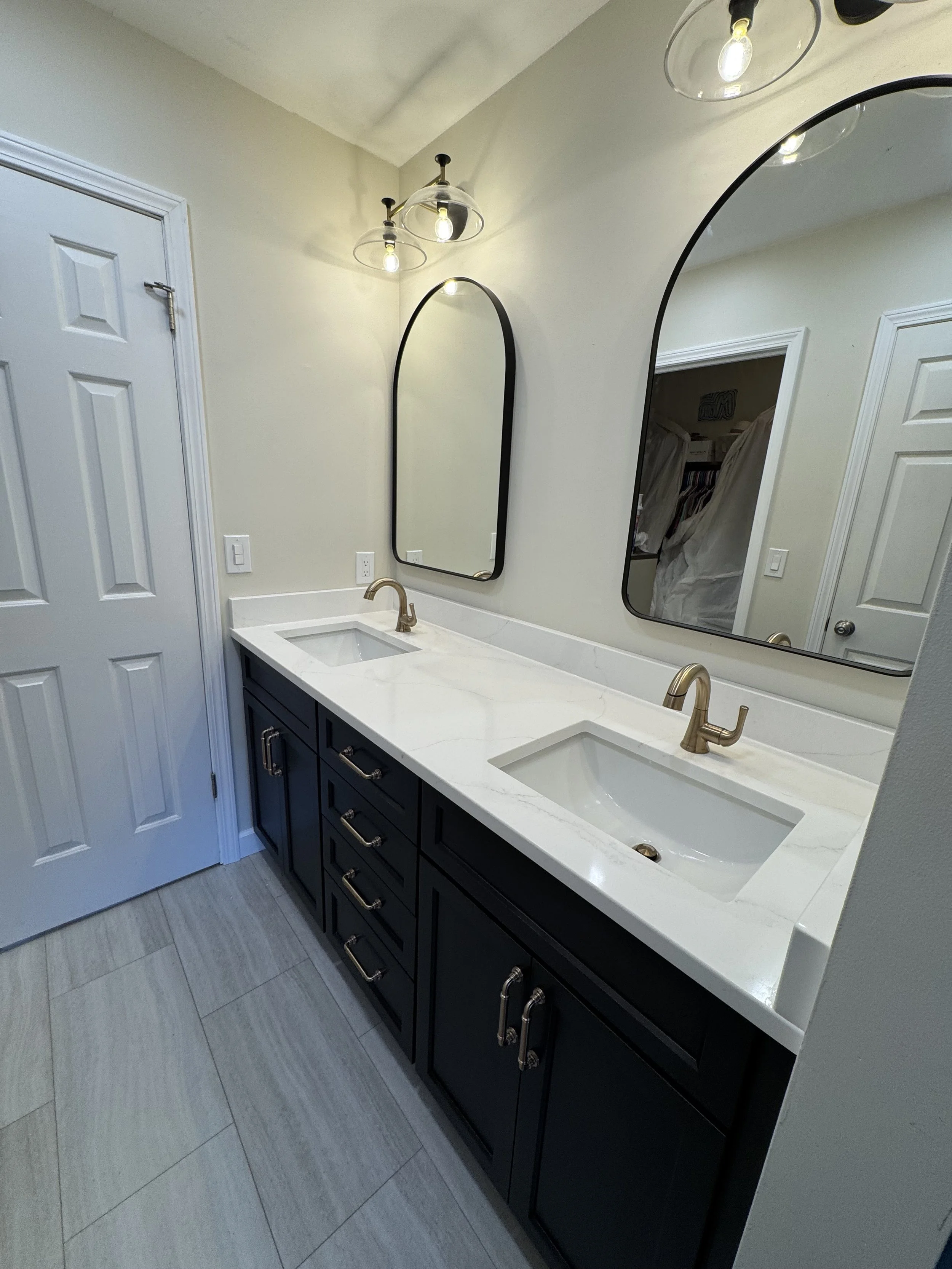 Bathroom Remodel - Summer 2025 - Prairie Cabinetry Maple Midnight, Quartz Countertop, Delta faucets, Kohler Tone Lighting  