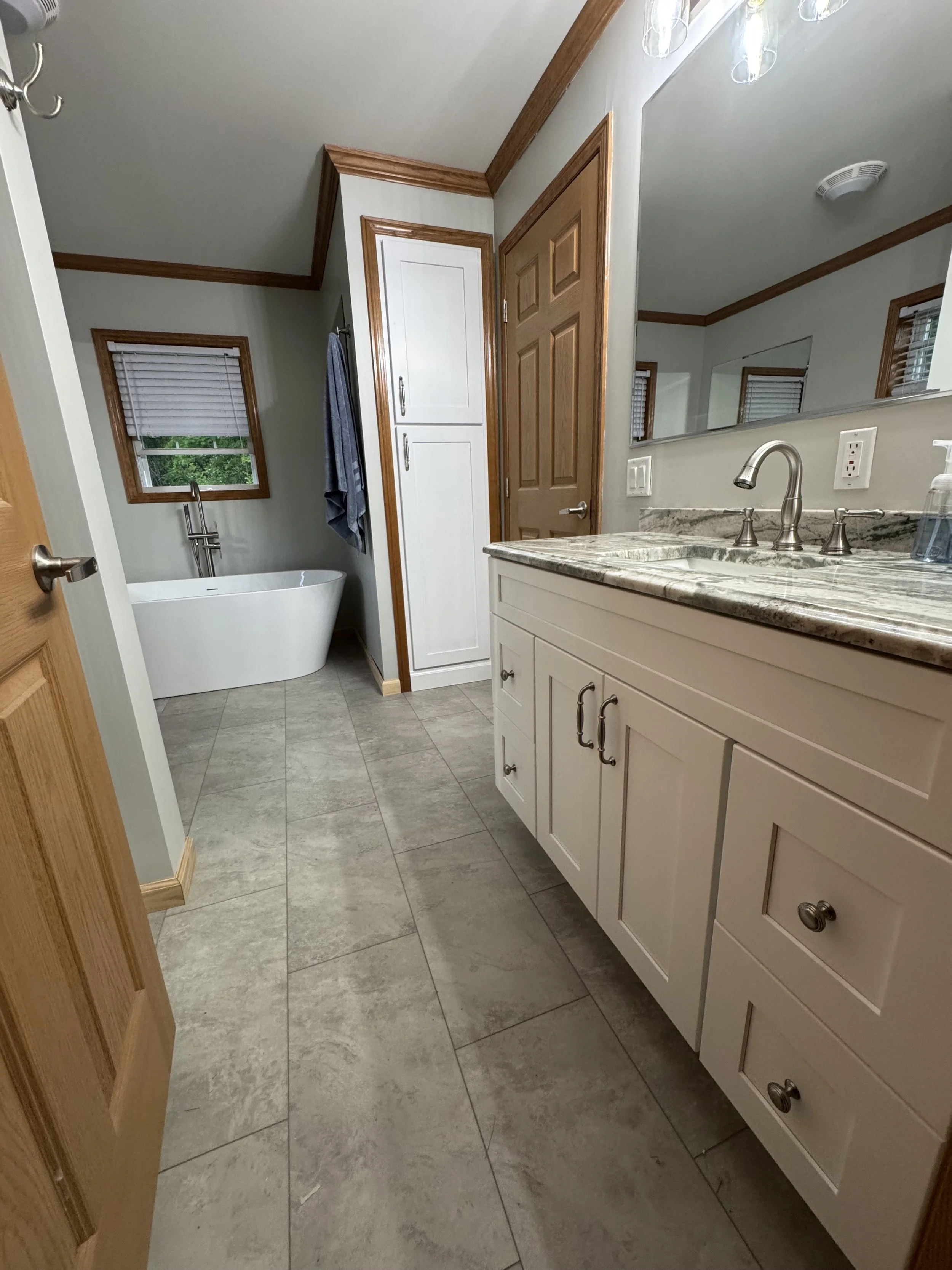 First Floor Remodel - Bathroom - Spring 2025 - Shaw Flooring, Maidstone tub, Fantasy Brown granite