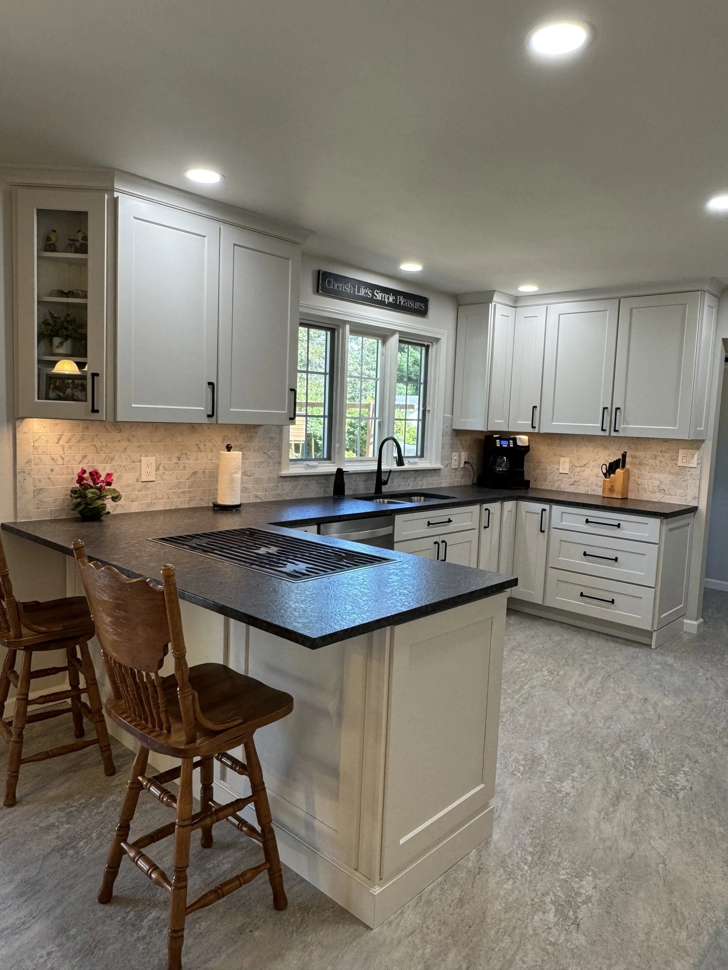 Kitchen Remodel - Spring 2025 - Legend Cabinetry, Steel Grey honed Granite, Provenza LVT flooring, Tile backsplash 
