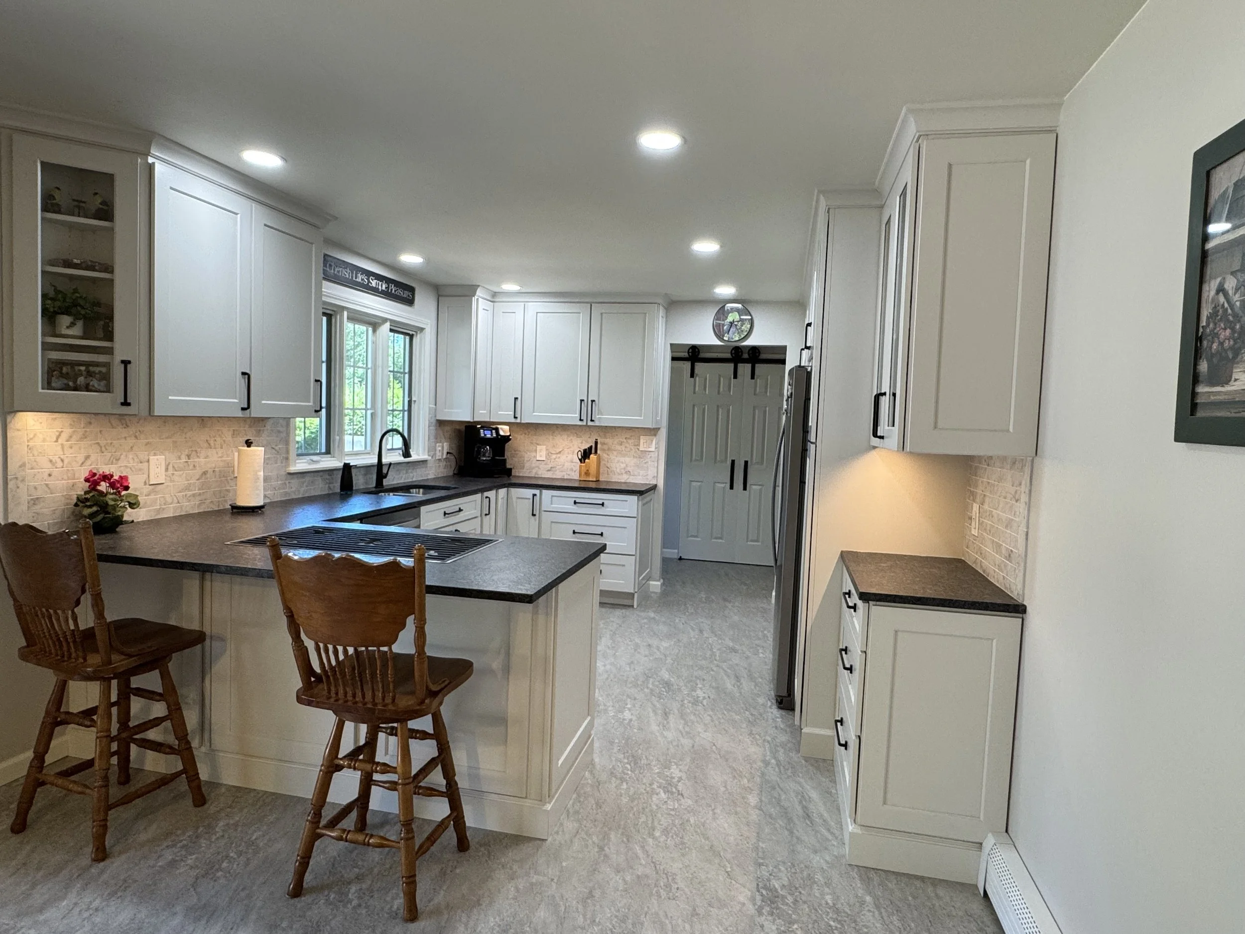 Kitchen Remodel - Spring 2025 - Legend Cabinetry, Steel Grey honed Granite, Provenza LVT flooring, Tile backsplash 