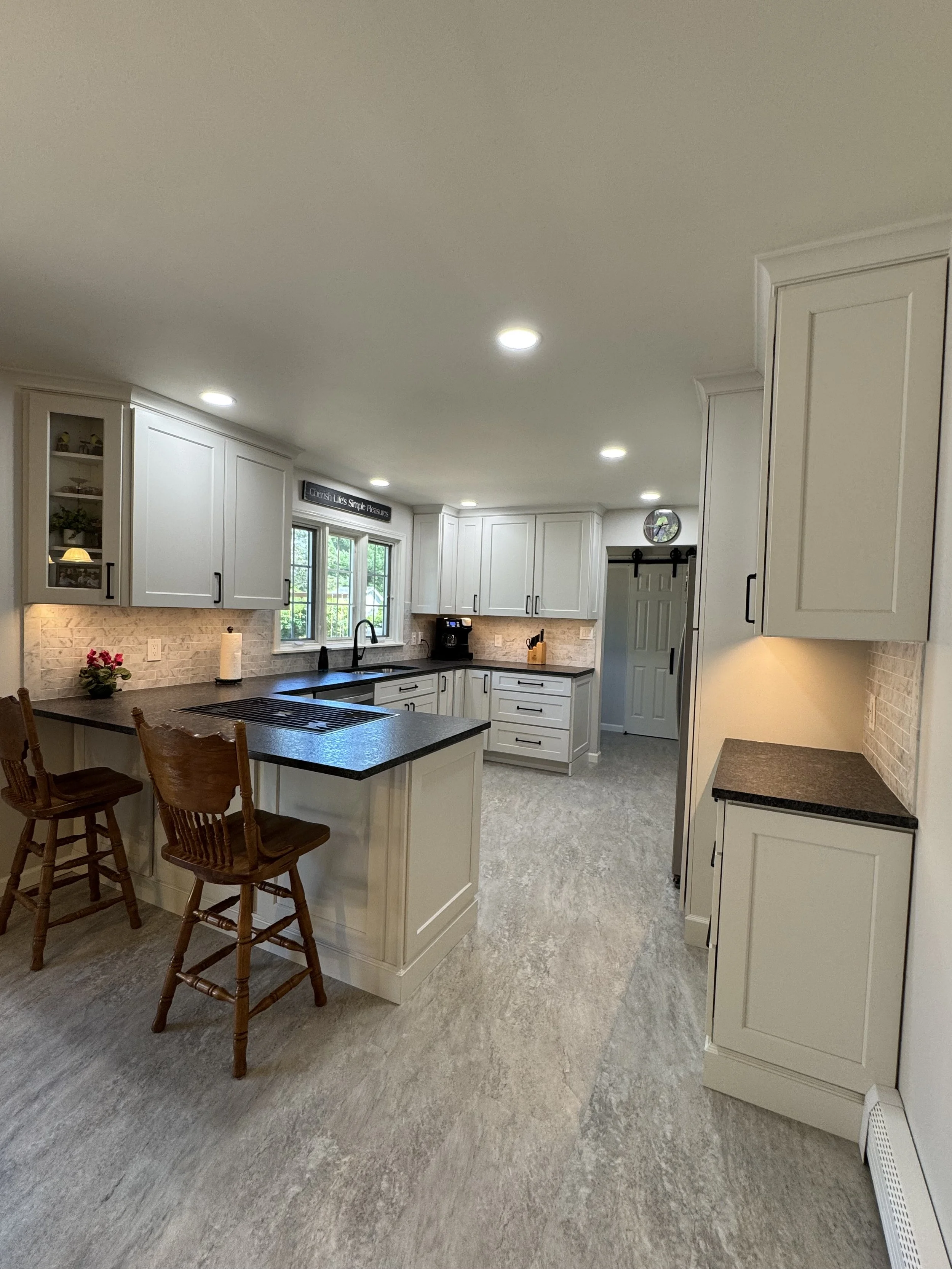 Kitchen Remodel - Spring 2025 - Legend Cabinetry, Steel Grey honed Granite, Provenza LVT flooring, Tile backsplash 