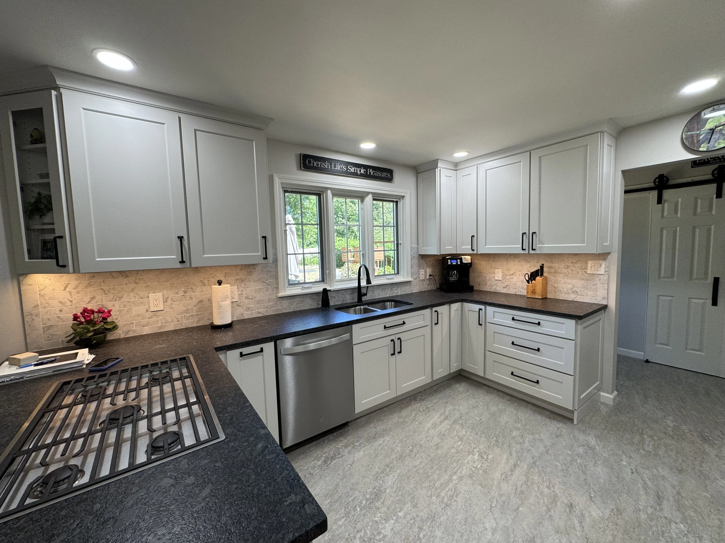 Kitchen Remodel - Spring 2025 - Legend Cabinetry, Steel Grey honed Granite, Provenza LVT flooring, Tile backsplash 