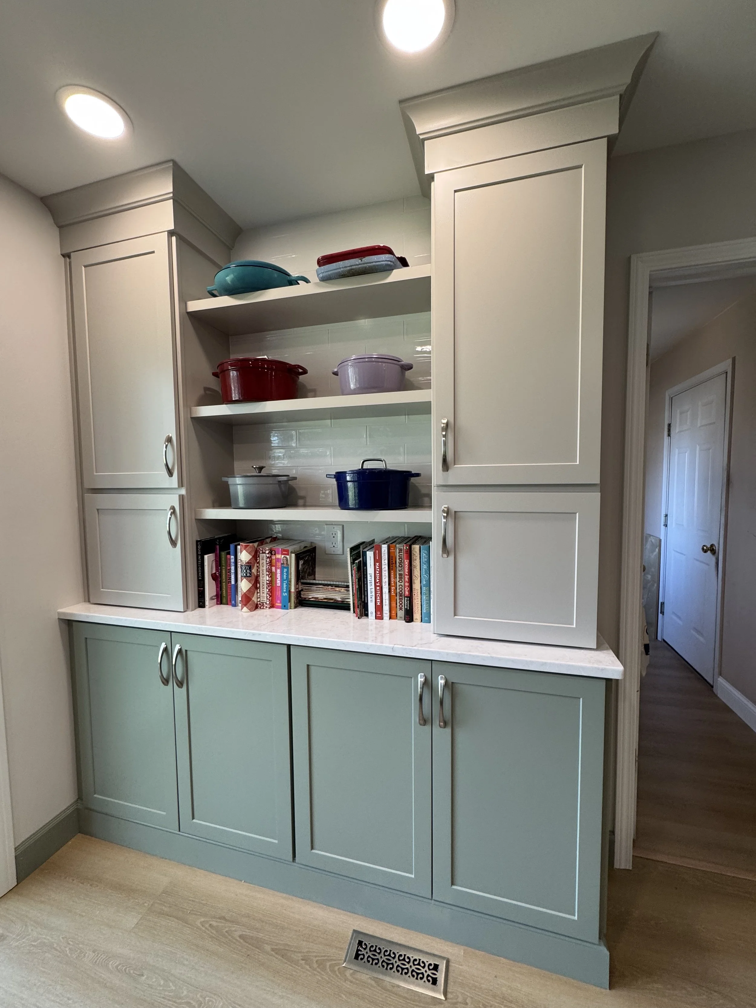 First Floor Remodel - Spring 2025 - Legend Cabinetry, Calacatta Miraggio Cove Quartz, Tile backsplash, MSI Valleyview Grove flooring