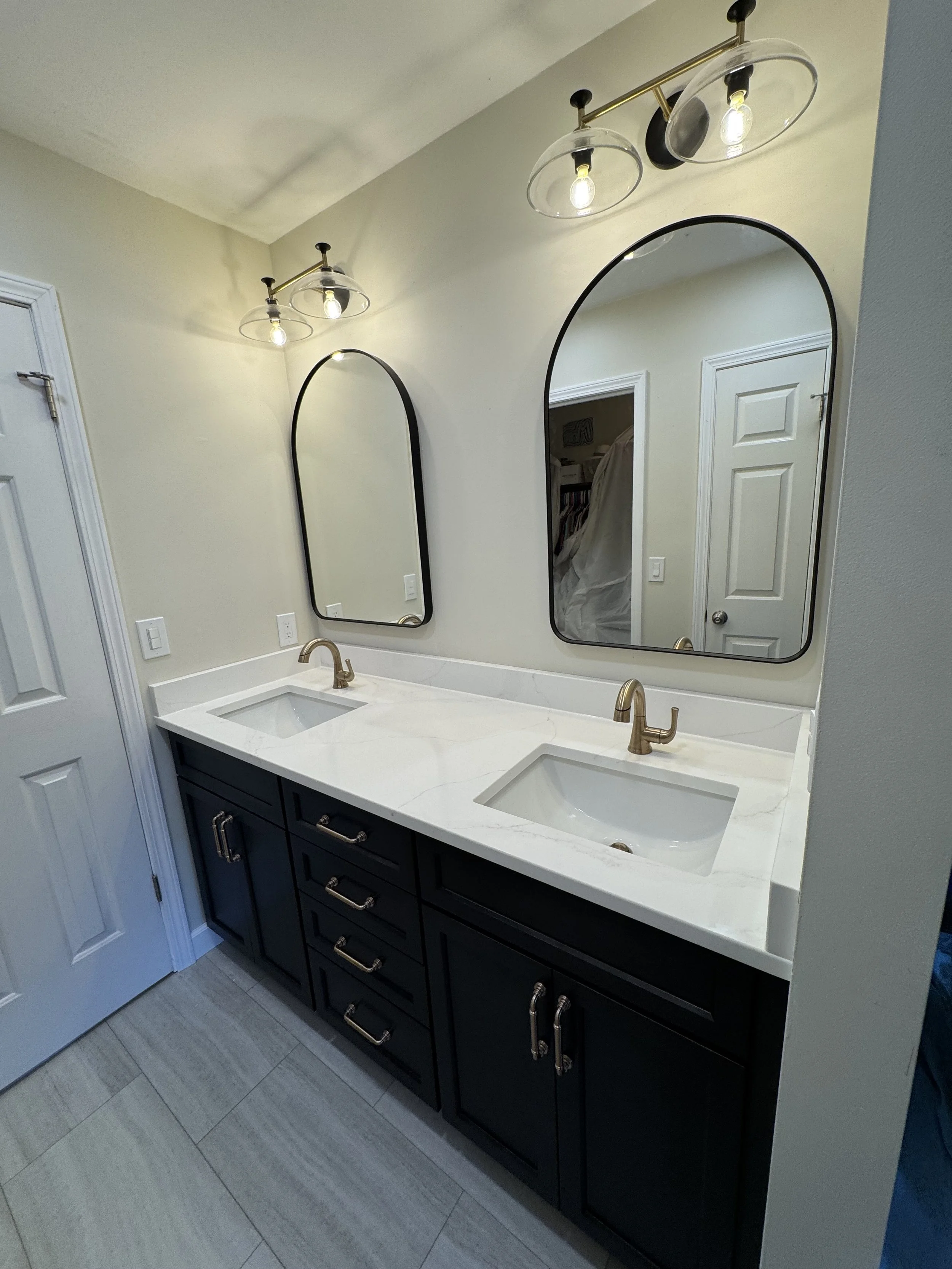 Bathroom Remodel - Summer 2025 - Prairie Cabinetry Maple Midnight, Quartz Countertop, Delta faucets, Kohler Tone Lighting  