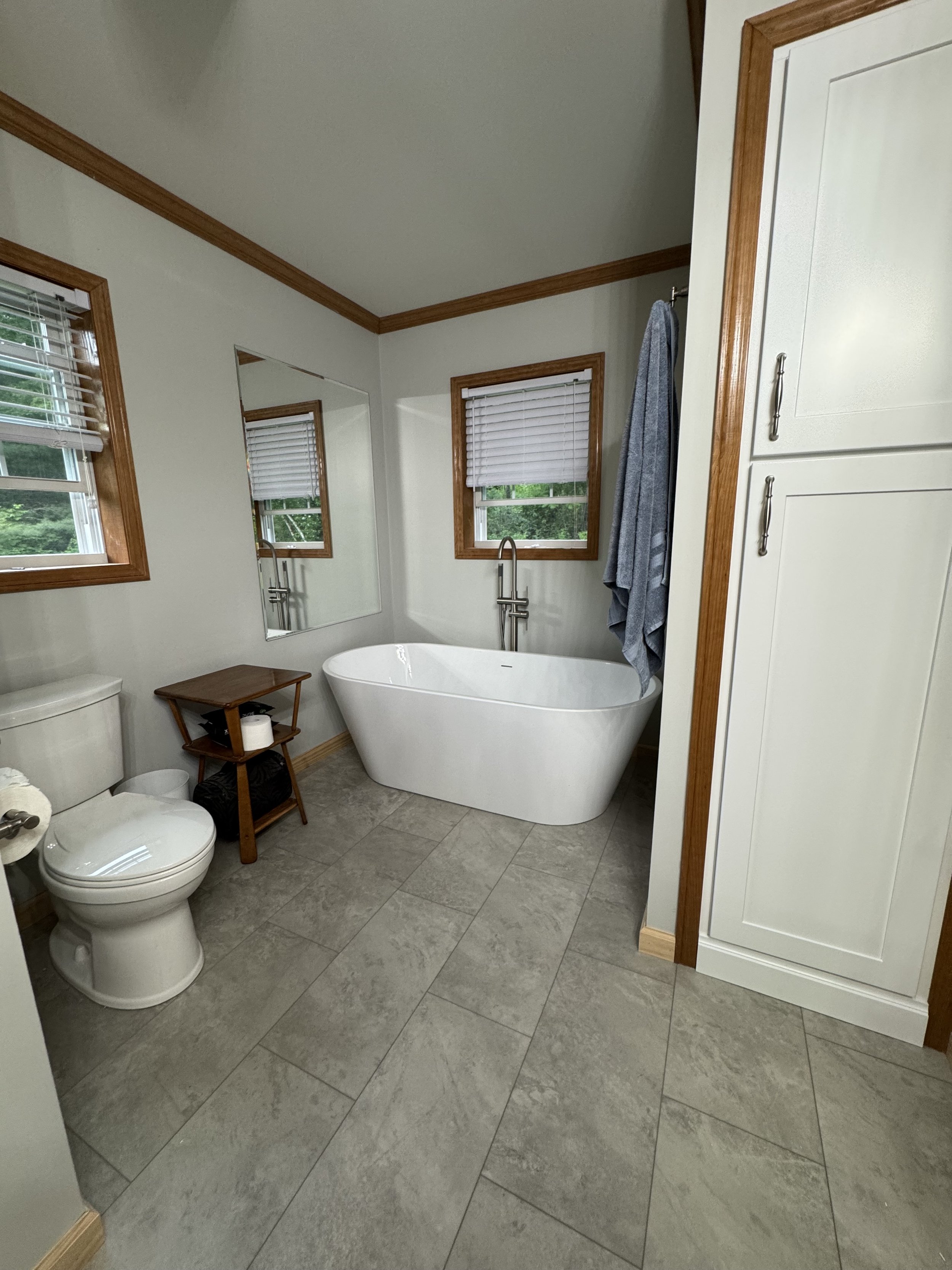 First Floor Remodel - Bathroom - Spring 2025 - Shaw Flooring, Maidstone tub, Fantasy Brown granite 