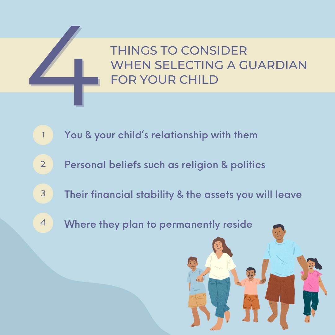 Choosing a guardian for your child is one of the most important decisions you'll make. Here are 4 key factors to consider:

Your and your child's relationship with the potential guardian. This person should have a strong, trusting bond with your fami