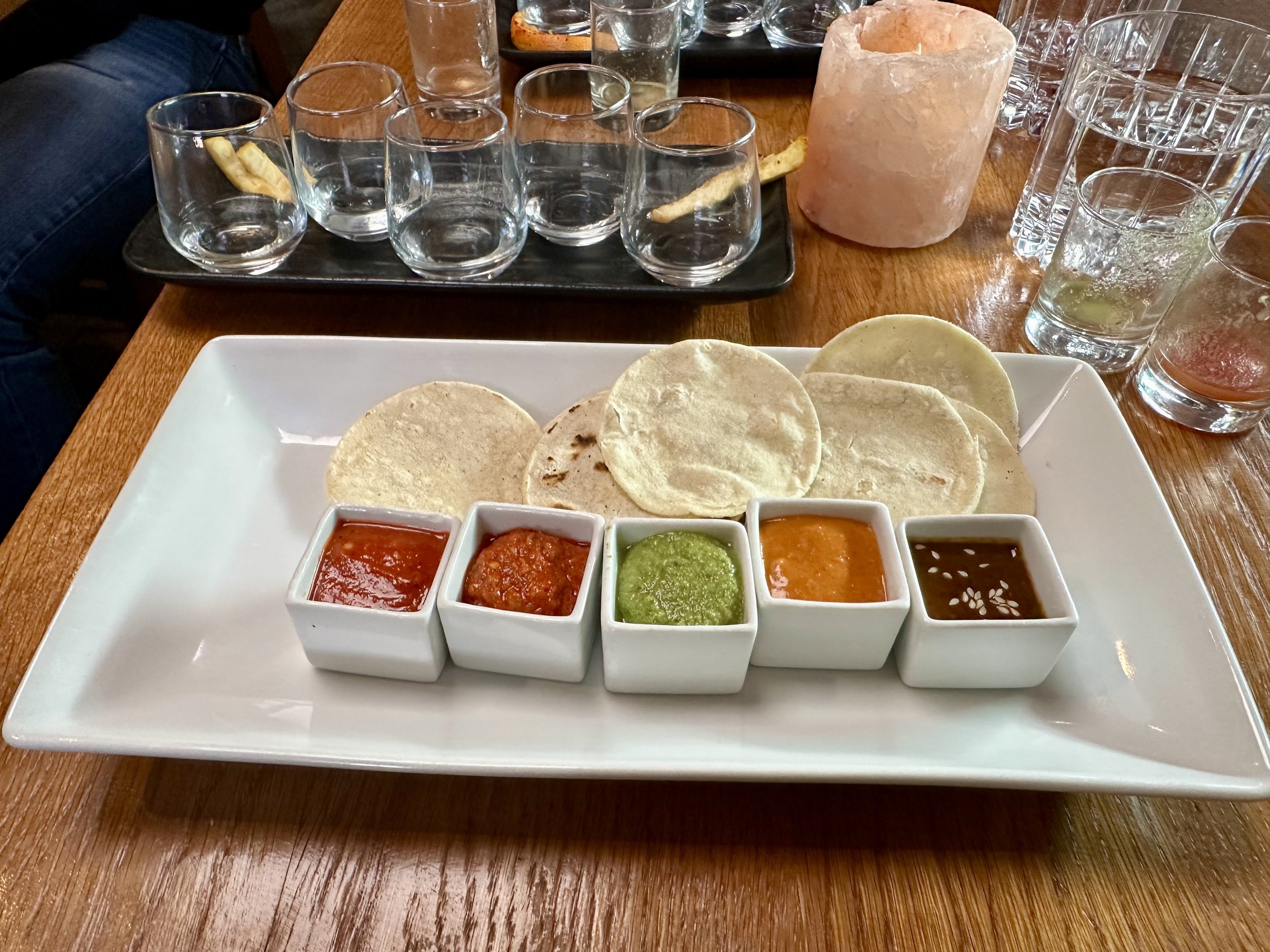 Sampling of five moles with mini-tortillas