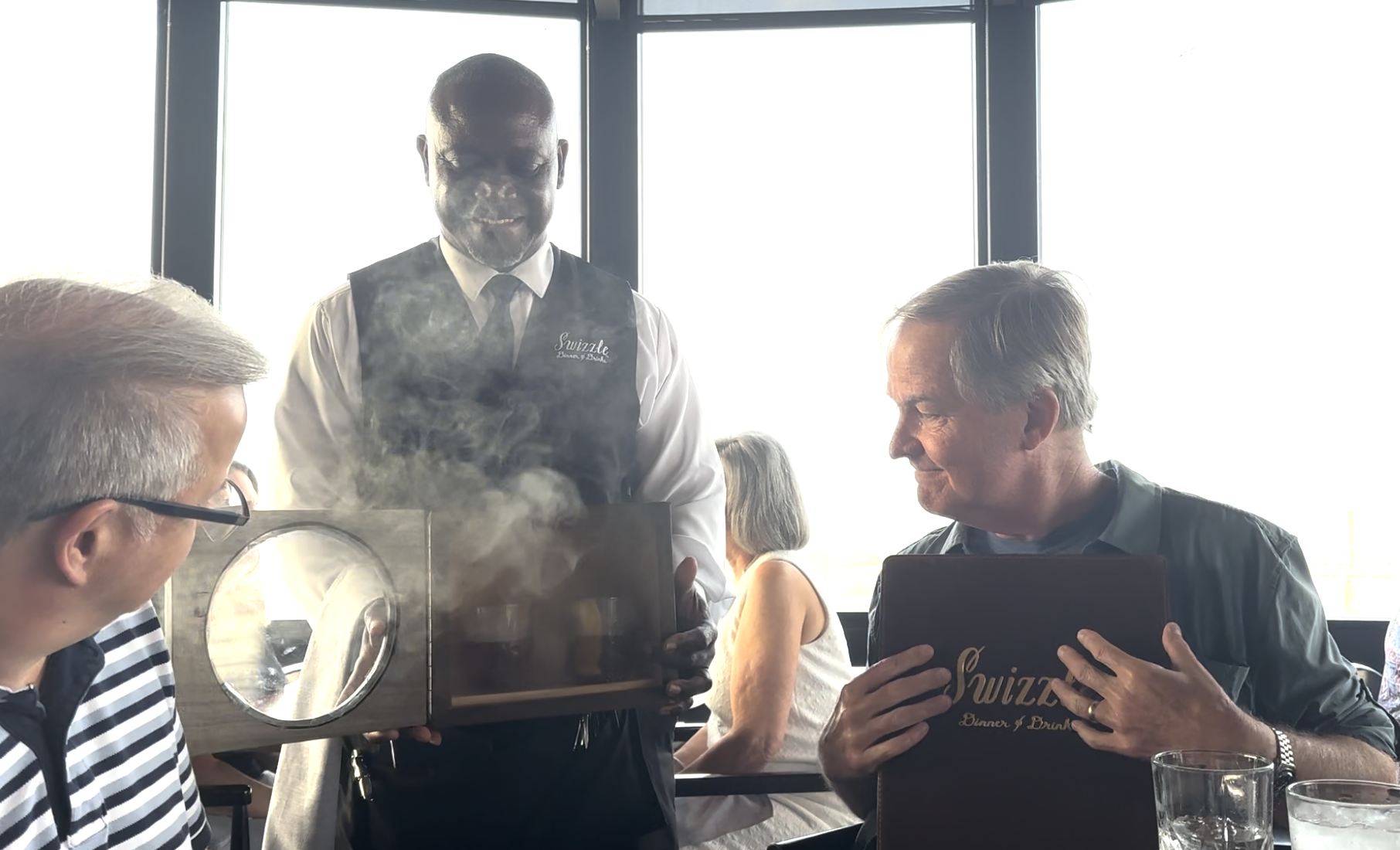 Swizzle: Dave and Steve enjoy "smoked" old fashioneds