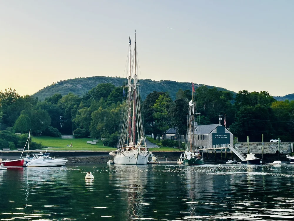 Mount Battie from the harbor, at dusk