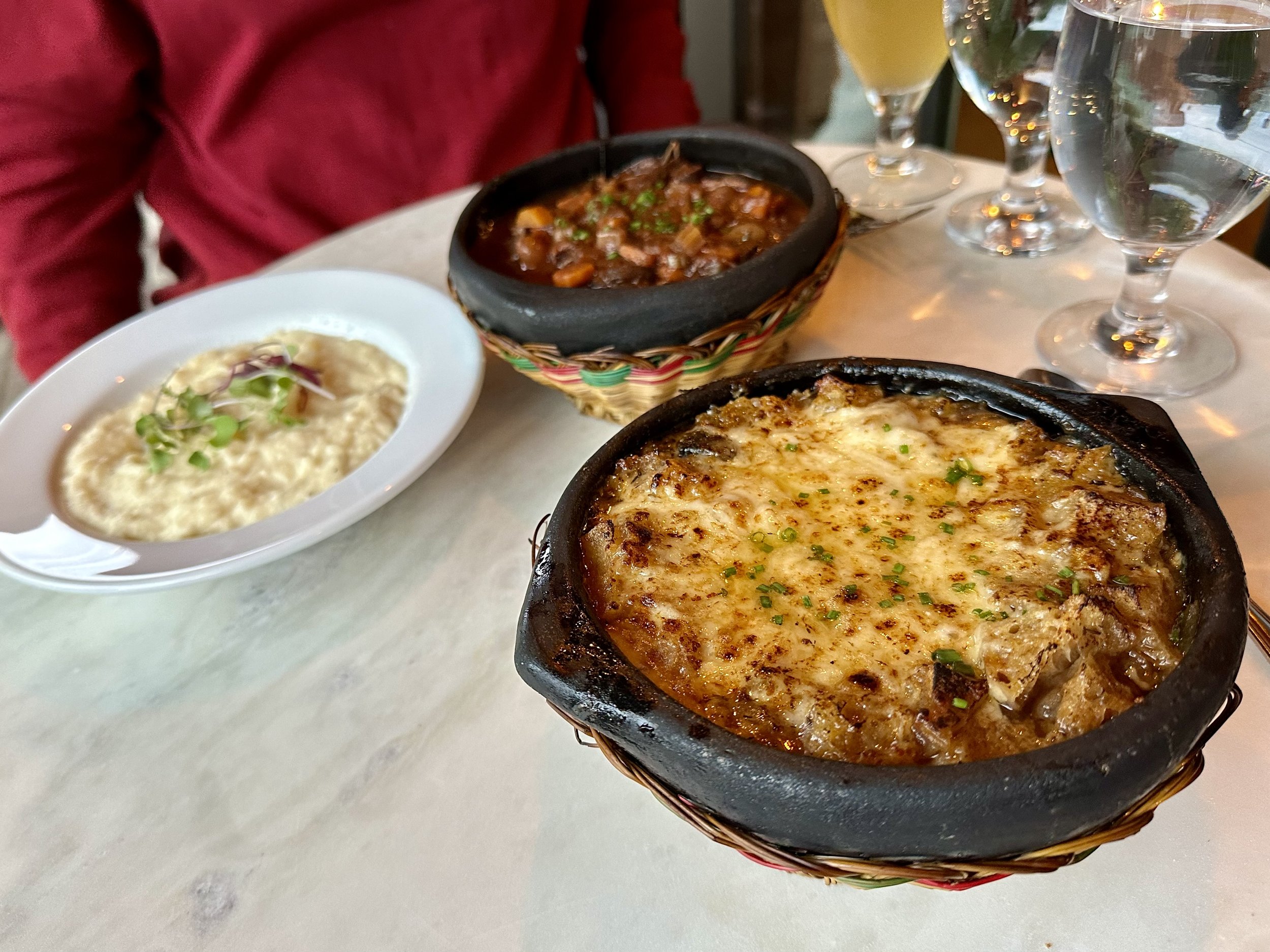 Bistro La Cave - Beef Bourguignon with garlic mashed potatoes; French Onion Soup