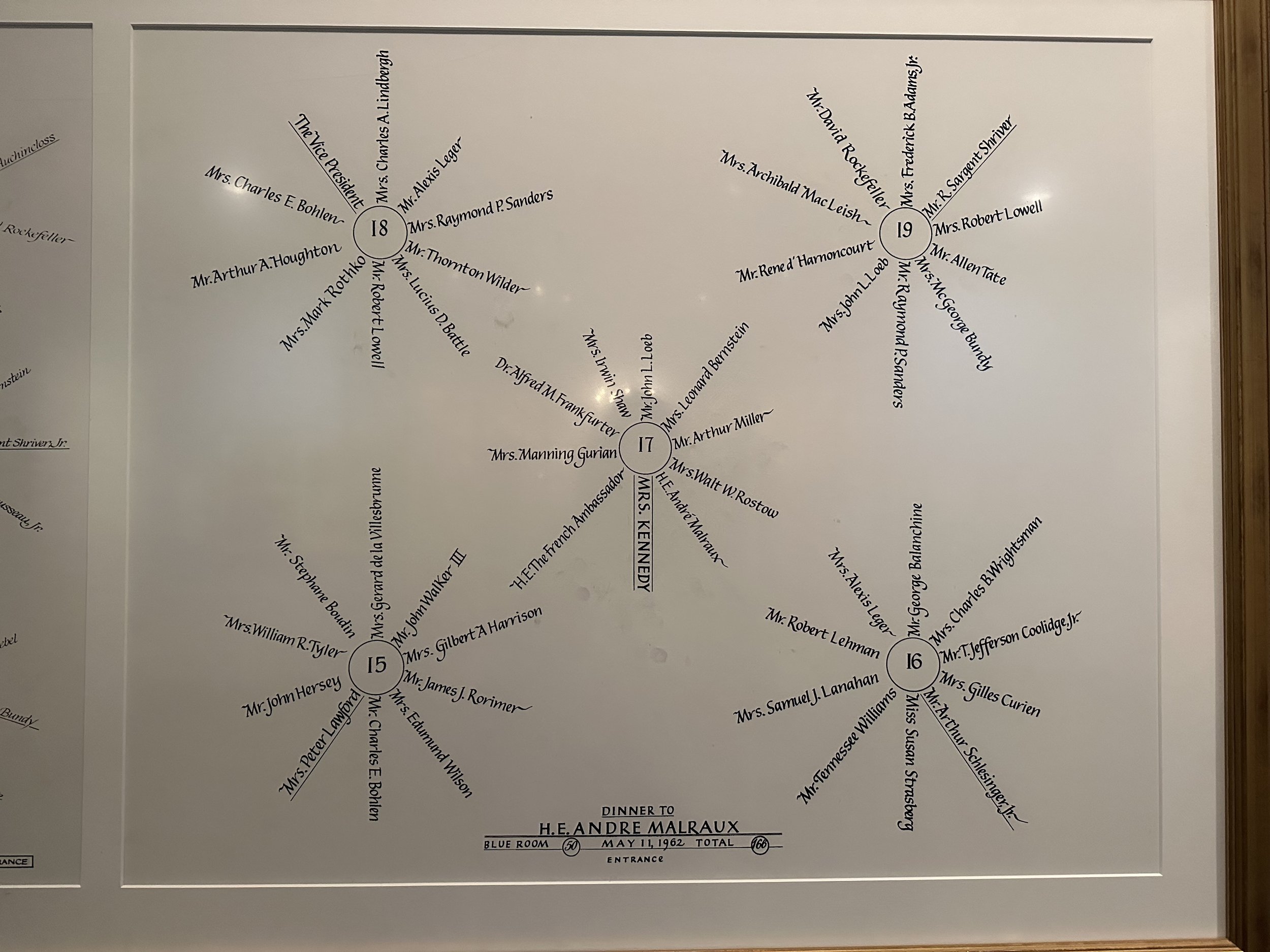 Seating chart for the state dinner in honor of André Malraux, the French Minister of Culture, May 12, 1962