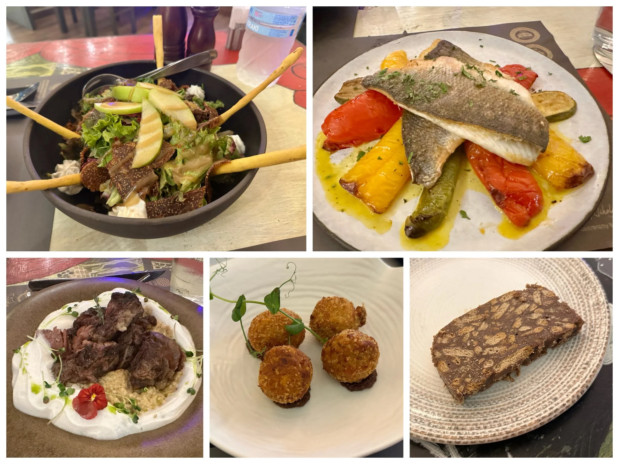 Pidálio salad, sea bass, giosa (lamb), with trachanas, goat cheese “donuts,” corms