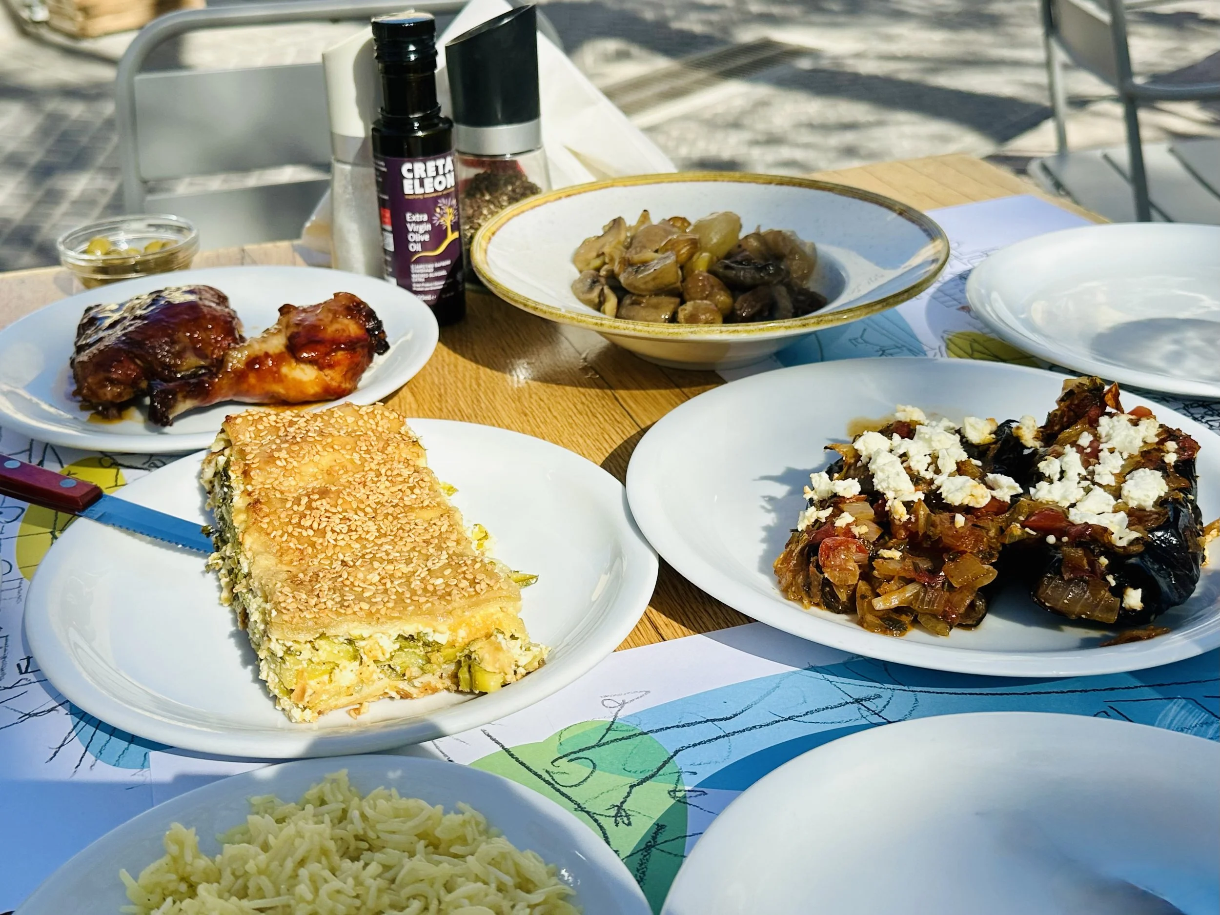 Clockwise from top left: chicken with molasses sauce, chestnut stew, eggplant, boureki