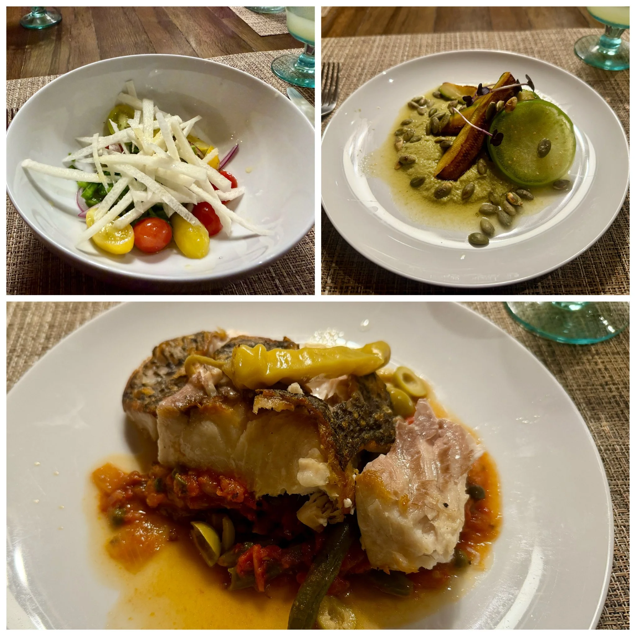 Salt-cured cactus salad, zucchini with pippian sauce, sea bass Vera Cruz